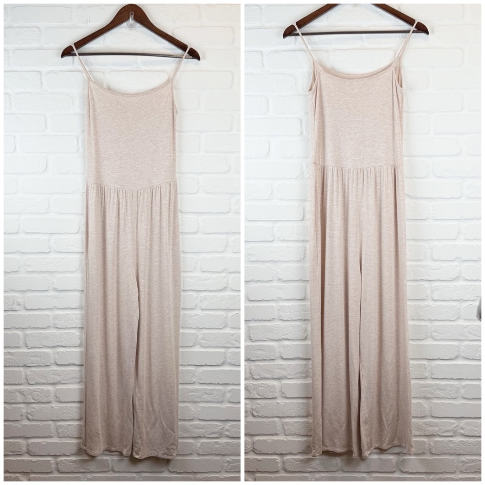 Anistar Beige Wide Leg Jumpsuit Romper Spaghetti Strap One Piece Oat Medium